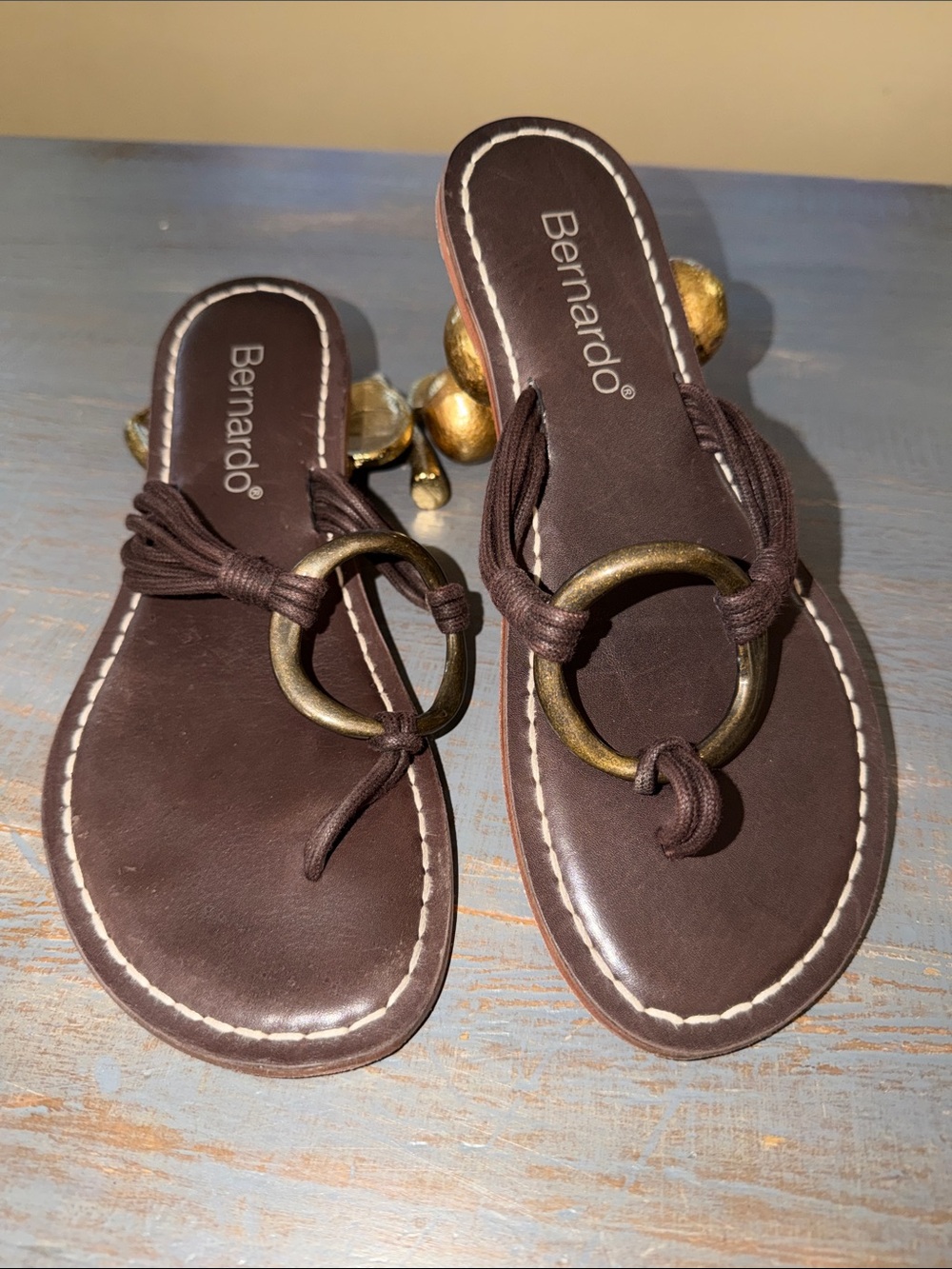 Bernardo Dark Brown Leather Ring-Detail Slip-On Sandals